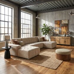 Memphis 3-zitsbank met ottoman in beige kleur en moderne stijl