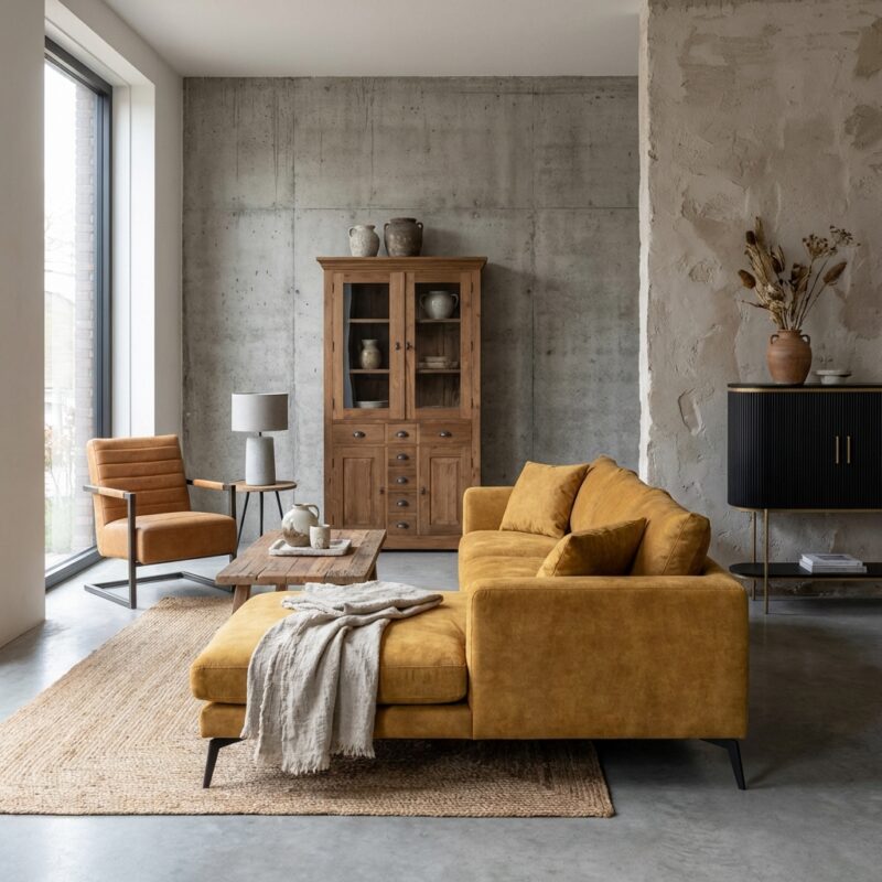 Nottingham industrieel bankstel met oranje kleur en chaise longue