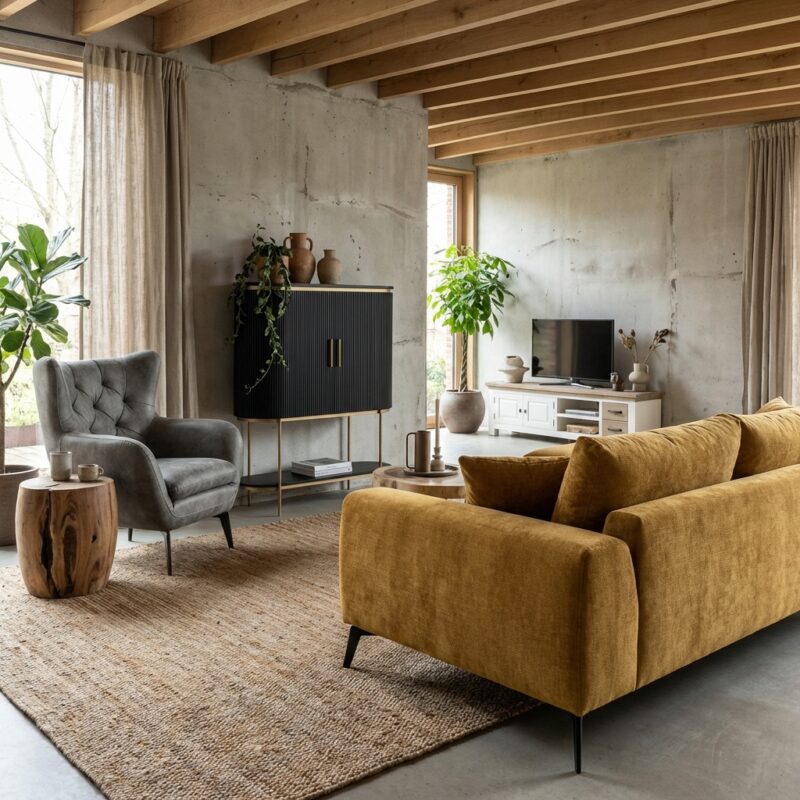 Nottingham industrieel bankstel met oranje kleur en chaise longue