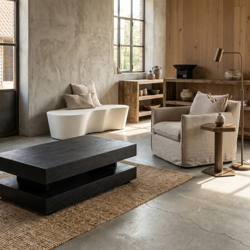 Zwarte salontafel Oakura in H-vorm gemaakt van eiken fineer