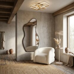 Metalen spiegel Aldon in zwart, industrieel design, asymmetrisch ontwerp