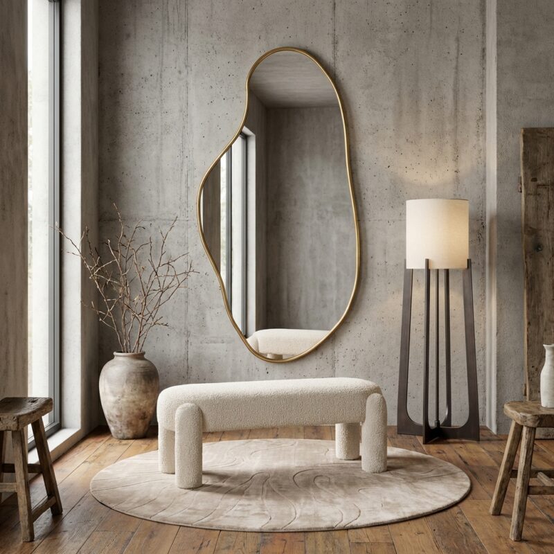 Metalen spiegel Alton in brushed gold met ijzeren frame in industriële stijl