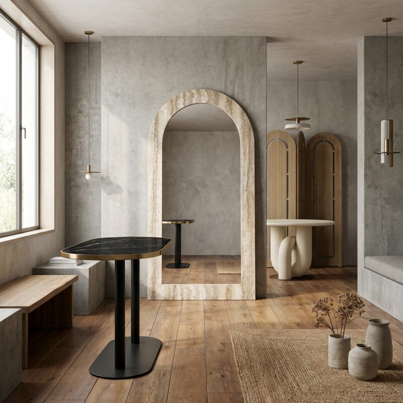 Grijze wandspiegel met faux travertine frame en gebogen vorm