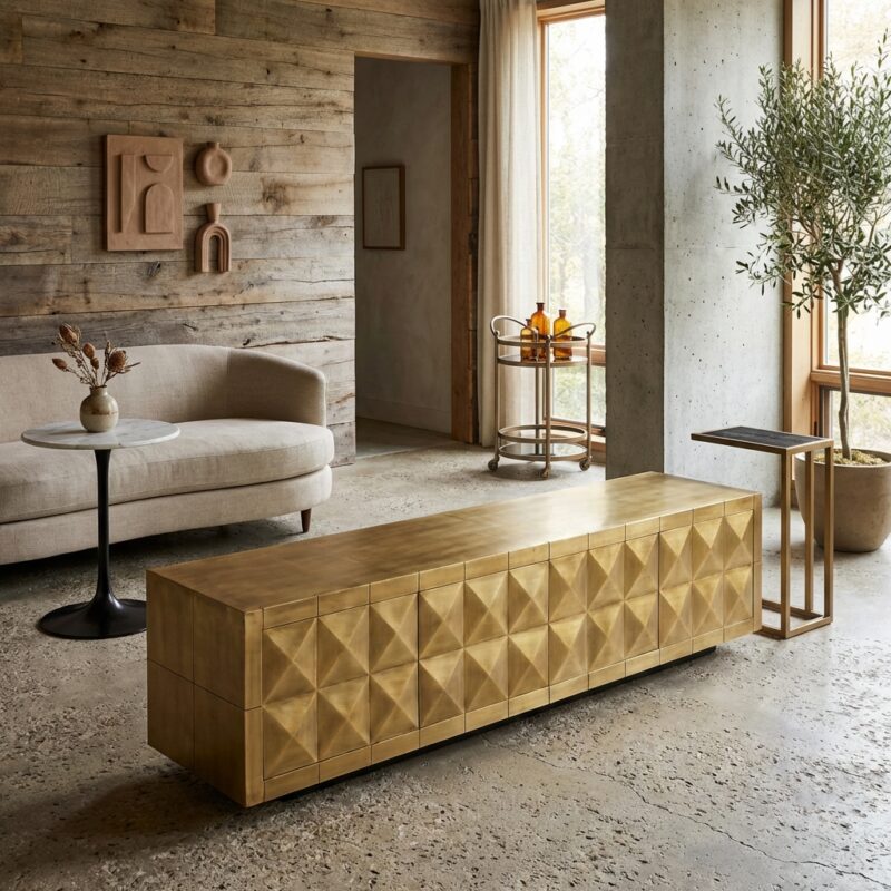 Collada TV-meubel met 4 deuren in brushed gold met piramide motief