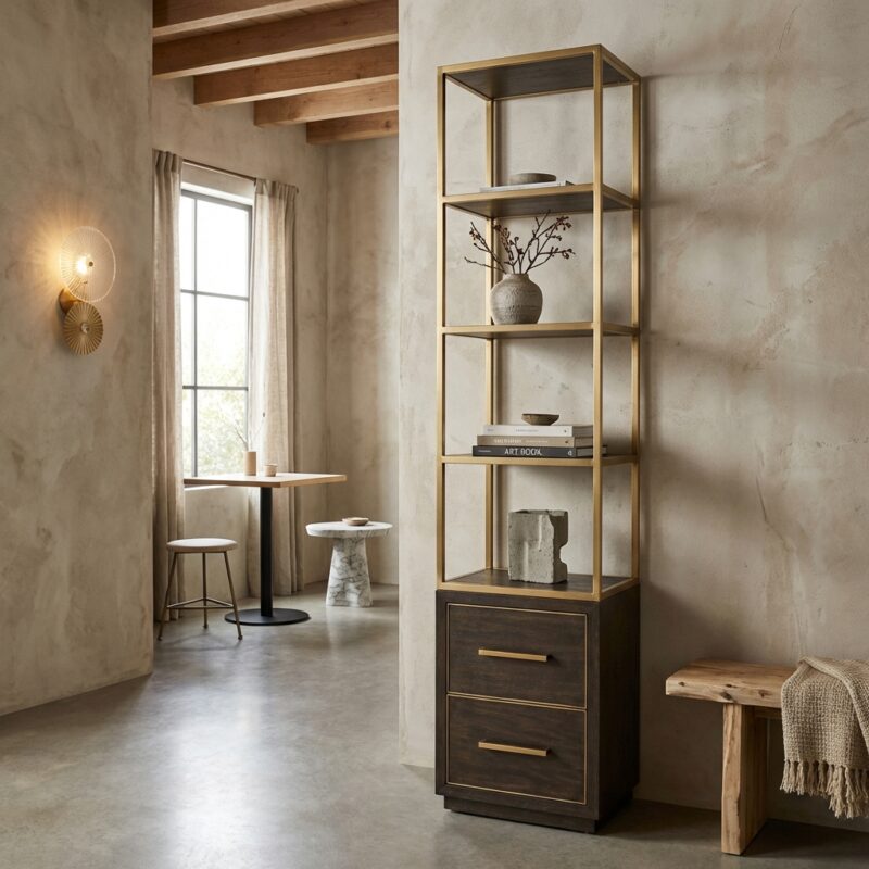 Wandkast Carter small 2-drawers in goud met eikenhout en soft-close deuren