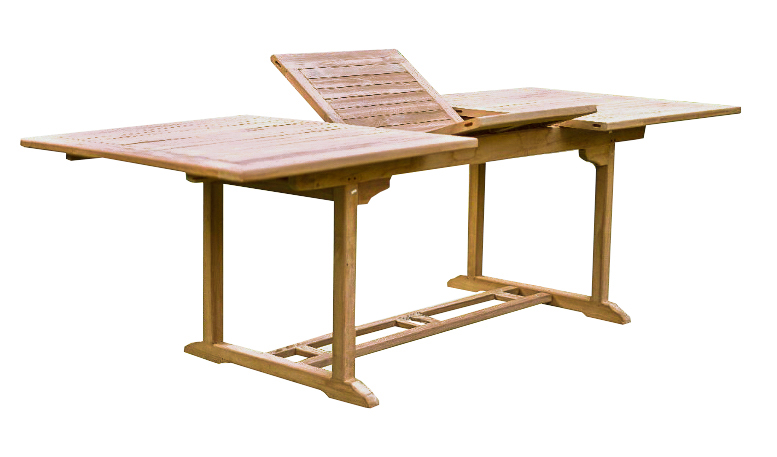 Detail van de tuintafel van naturel teakhout