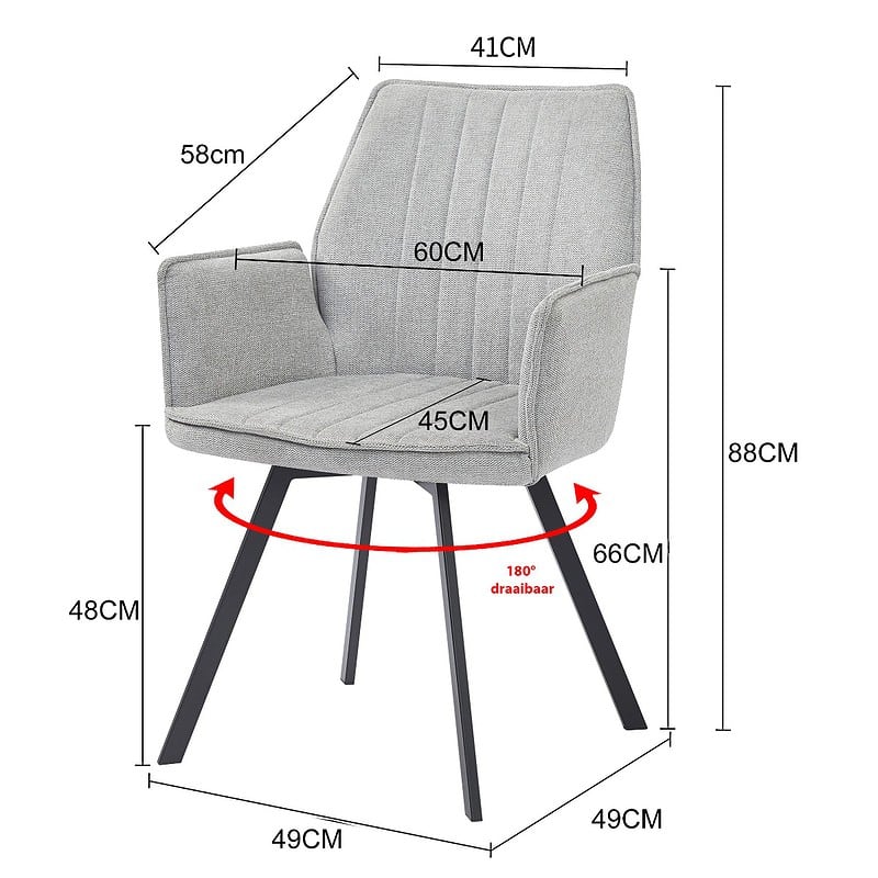 Louise eetkamerstoel grijs stof gecoat staal detail kuip
