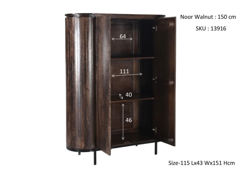 Noor Walnut 150cm kast vanuit zijkant, bruin, luxe kast