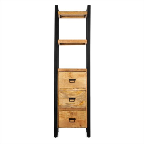 Detail van de Boekenkast Britt met laden, textuur van het mangohout