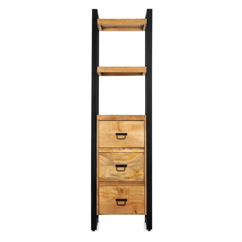 Detail van de Boekenkast Britt met laden, textuur van het mangohout