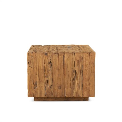 Detail van de textuur van de salontafel Bridge 60 in recycled teakhout