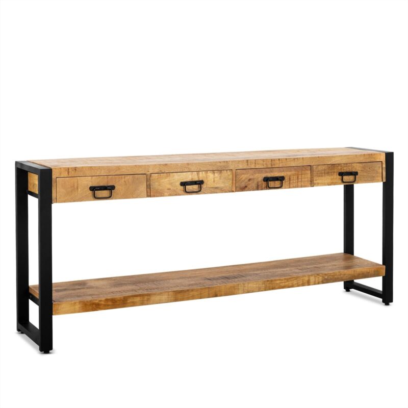 Sidetable Britt 180 in een woonkamer, decoratieve stukken en boeken opgestald