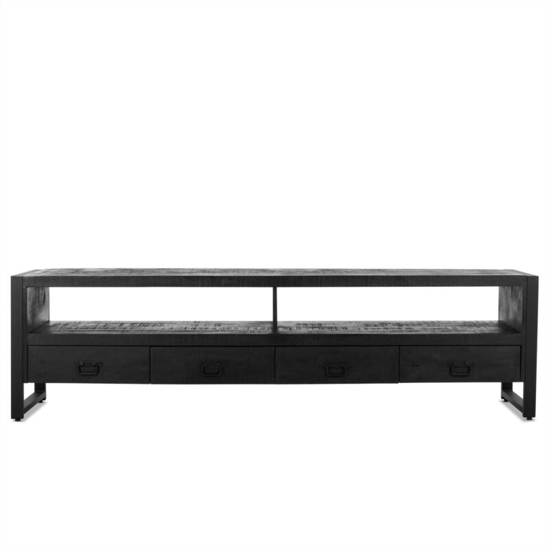 Detail van het tv-meubel Britt Zwart, mango hout en staal
