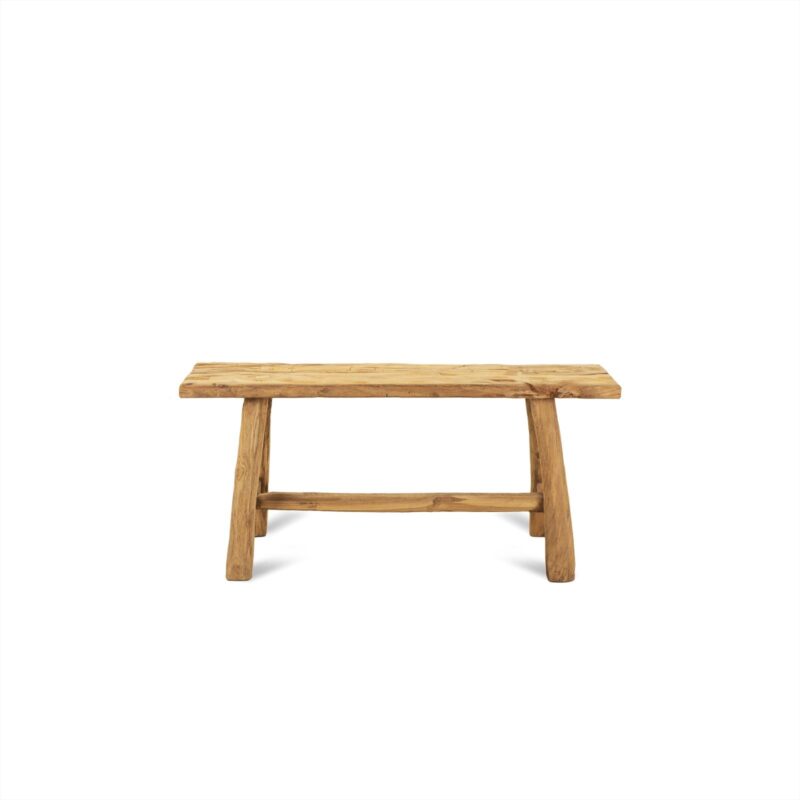 Detail van het houten bankje Blora 100, texturen en patronen van recycled teak hout