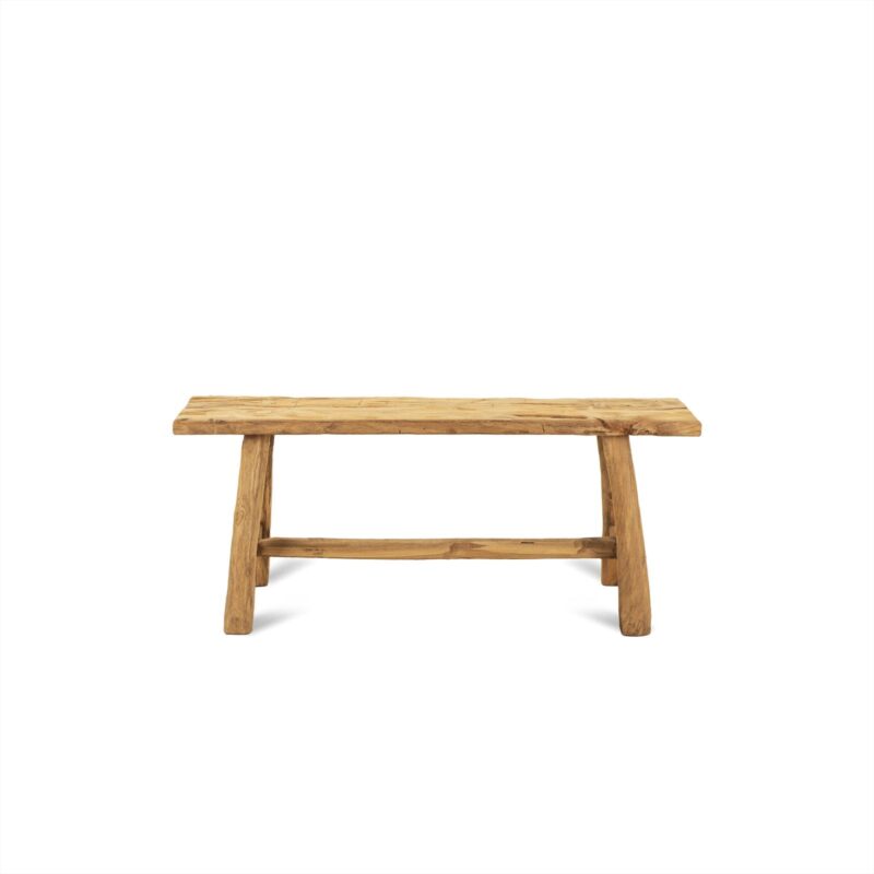 Detail van houten bankje Blora 120, texturen en vormen van recycled teak hout