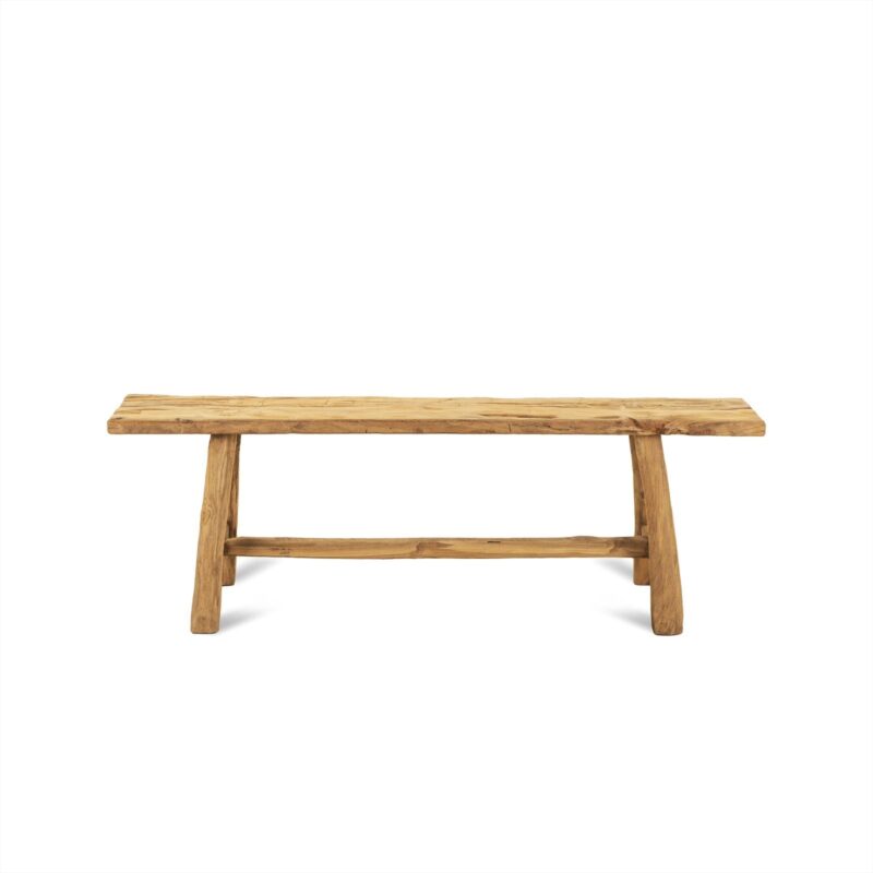 Detail van het houten bankje Blora 140 met texturen en vormen