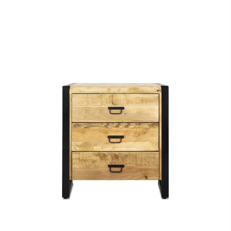 Detail van de ladekast Britt 80, mango hout en poedercoat