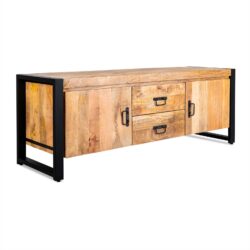 TV-meubel Britt 150 in een woonkamer, houtkleur, mango hout en staal met poedercoat