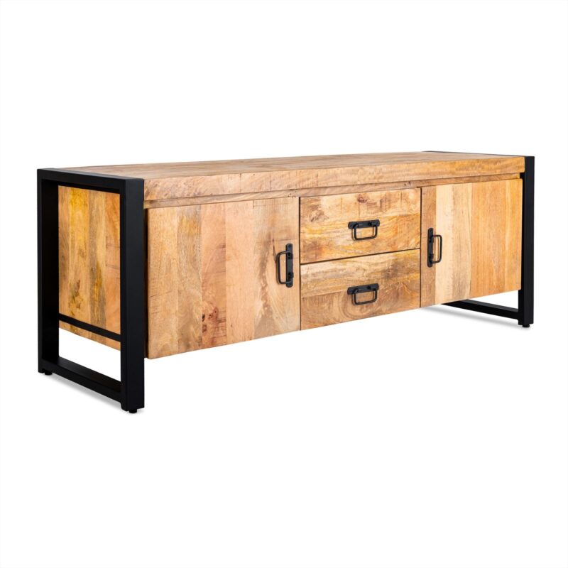 TV-meubel Britt 150 in een woonkamer, houtkleur, mango hout en staal met poedercoat