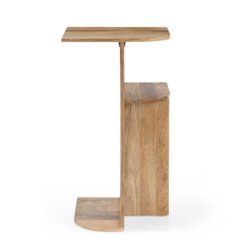 Perspectief van de banktafel Jade Naturel, houten tafel met ronde vormen en extra vak