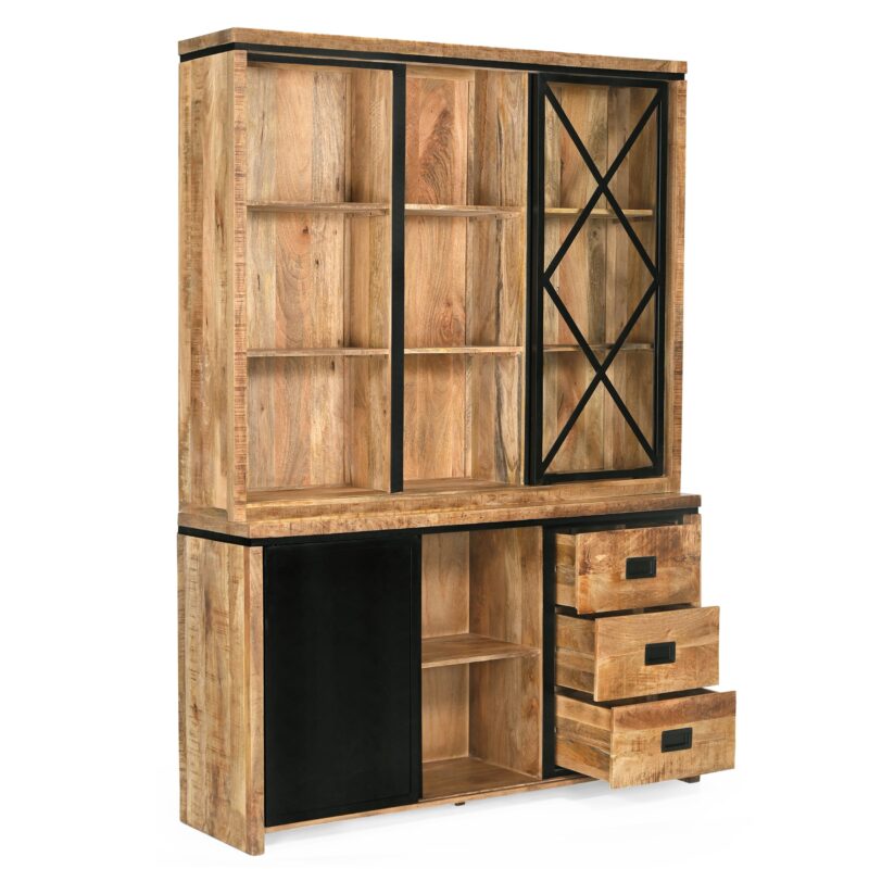 Vitrinekast Novelle 160 in interieur, zwarte kruisdeuren, mangohout