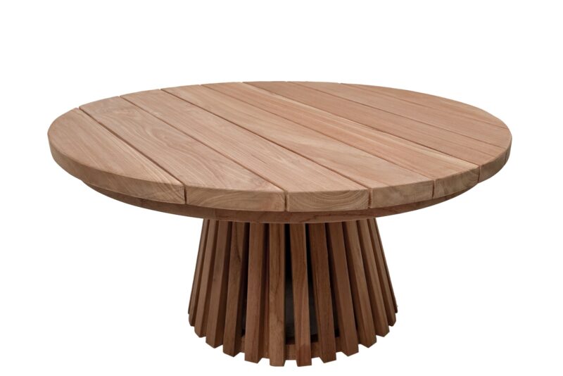 Cindo 80cm tuintafel in tuin, rond, naturel hout