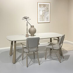 Detail van stalen onderstel van Brix Finn Beige eetkamerstoel vanaf onderaf