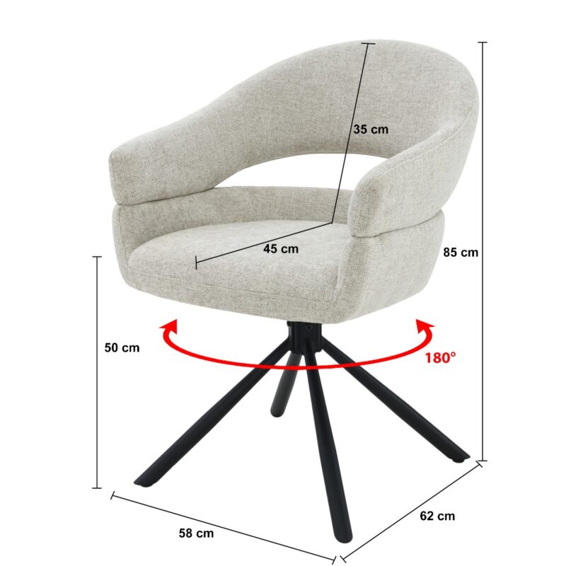 Linn eetkamerstoel beige stof gecoat staal detail rugleuning