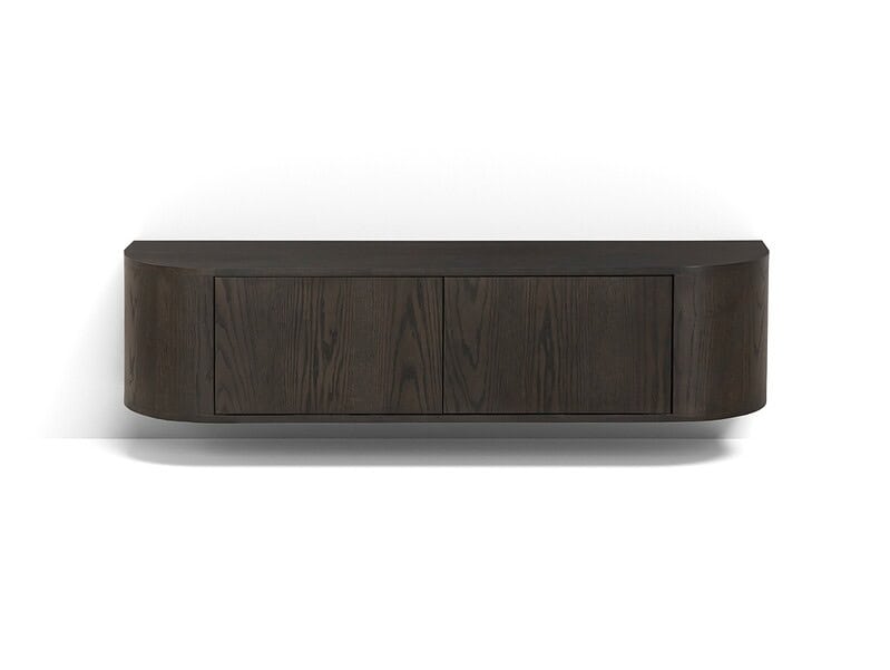 Detail van de eikenhout fineer afwerking op de Novero Espresso Zwevend 140cm