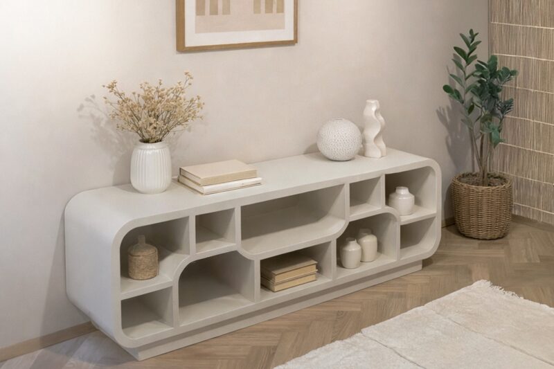 Detail van de open vakken in het Brix Morgan Off White tv-meubel