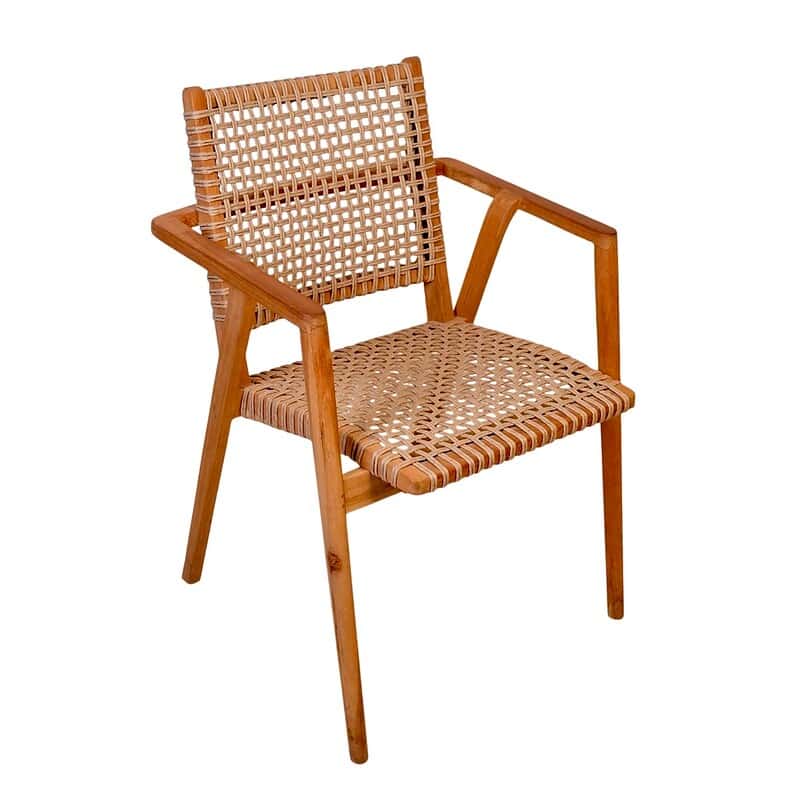 Detail van de rugleuning van de Stacking Anya tuinstoel, poly rattan en teakhout