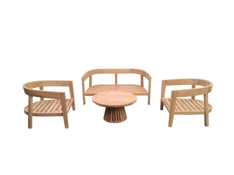 Bilbao tuinset in interieur, comfortabel bank en stoelen in natuurlijk teakhout