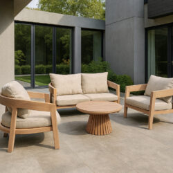 Perspectief van het Bilbao tuinset met Cindo tafel in natuurlijk teakhout