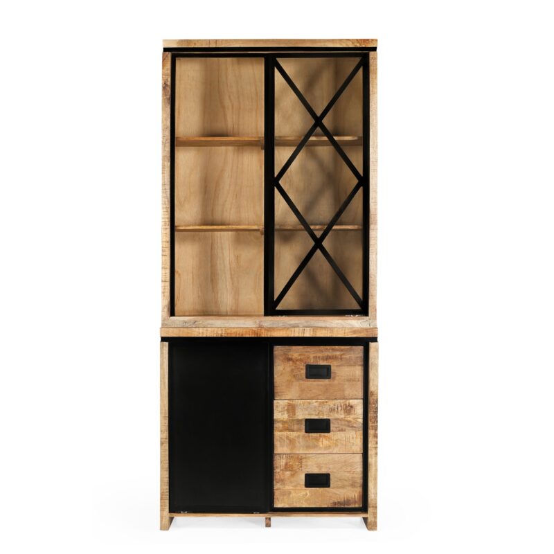 Detaillering van de metalen schuifdeur met X-frame en glas van de Novelle vitrinekast