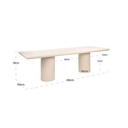 Zachte beige eettafel met moderne ronde poten, perfect voor een eigentijdse eetkamer of vergaderruimte. Afmetingen: 280 cm breed, 100 cm hoog, 53 cm diep, met een stevig en stijlvol ontwerp.