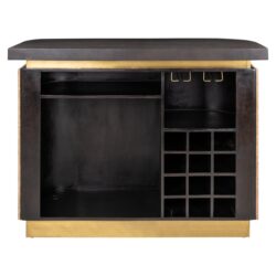 Perspectief op Bar Martini beige, luxe bar meubelstuk met travertin en hout, stijlvol