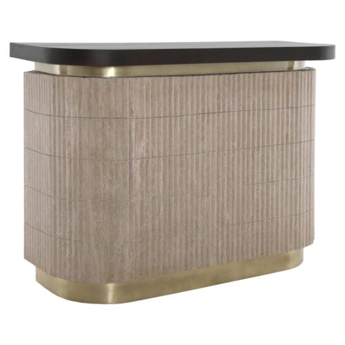 Detail van Bar Martini beige, travertin en hout, strakke lijnen