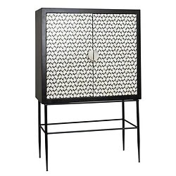 Zwarte en witte moderne kast met decoratief patroon en metalen onderstel, perfect voor stijlvolle woonruimtes en opbergruimte.
