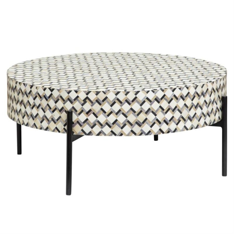 Zweefbank met geometrisch patroon in zwart, wit en beige, modern design, perfect voor woonkamer of lounge, gemaakt door Mokana Meubelen.