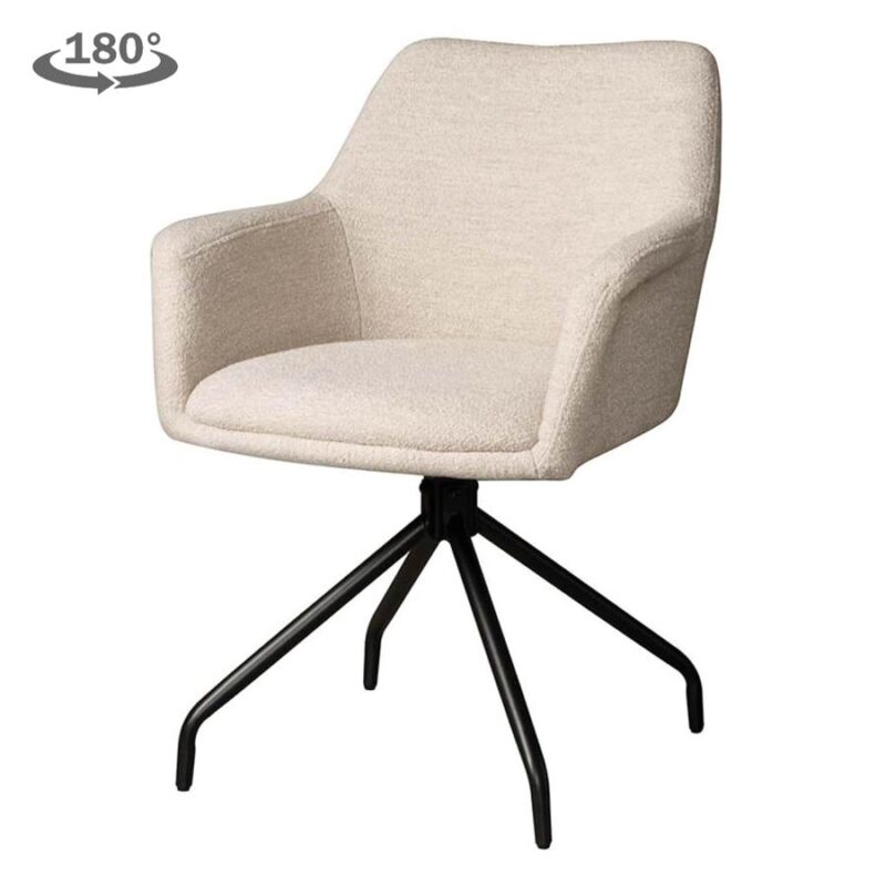 Zachte beige bureaustoel met draaibaar zwart metalen onderstel, ideaal voor kantoor of thuiswerkplek, combineert comfort en stijl.