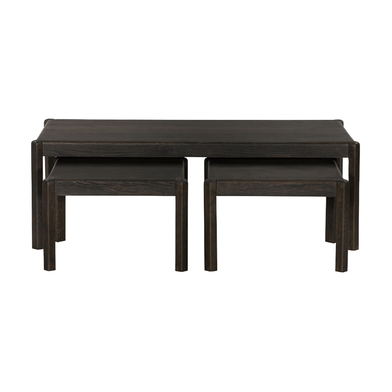 Amalfi salontafel- en bijzettafelset in een interieur met bruine sofa en witte wanden