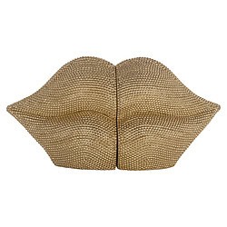 Zeer opvallende gouden lipvormige decoratieve schaal, gemaakt van glanzend metaal en bedekt met kleine kralen, perfect als luxe accessoire of statement stuk in interieur.