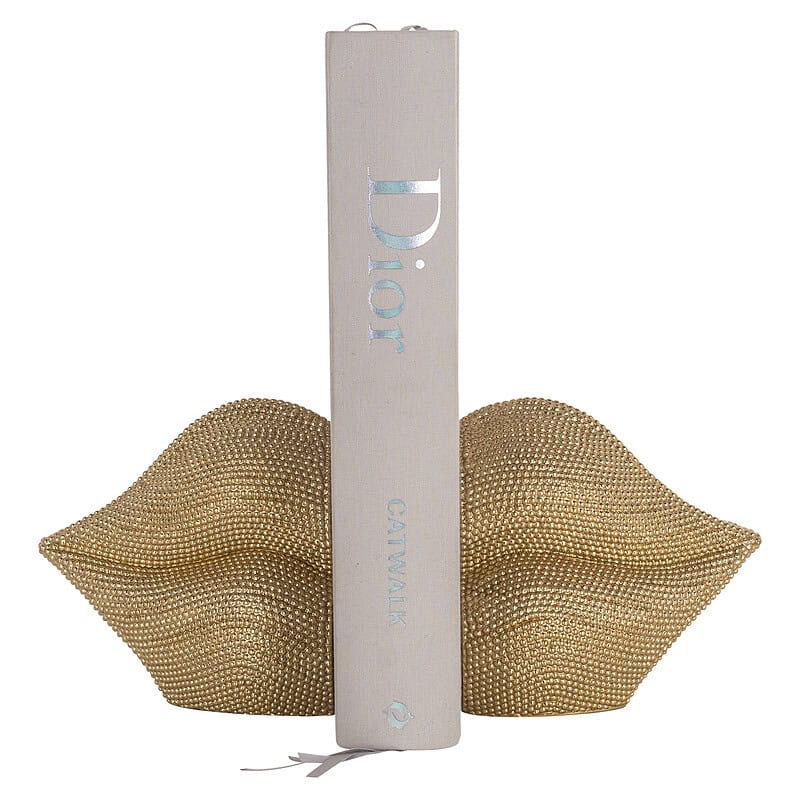 Een boek met de titel "Dior" staat tussen een gouden lipvormige decoratie, perfect voor een luxe interieur of modieuze setting.