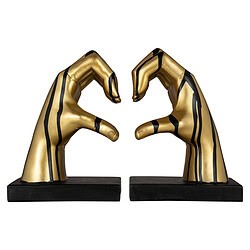 Gouden handbeeld sculptuur met zwarte basis, modern en artistiek design, perfect als decoratie voor interieur of kantoor, benadrukt luxe en creativiteit in meubelstijl.