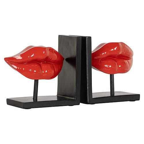 Kunstzinnige decoratieve boekensteunen met opvallende rode lipvormen en zwarte basis, perfect voor een speelse en stijlvolle interieuraccent. Ideaal voor woonkamer of kantoor.