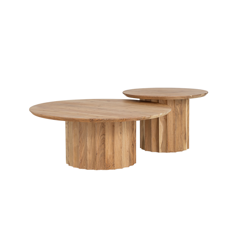 Detail van Crotone salontafel set rond 90ø in natuurlijk acacia hout
