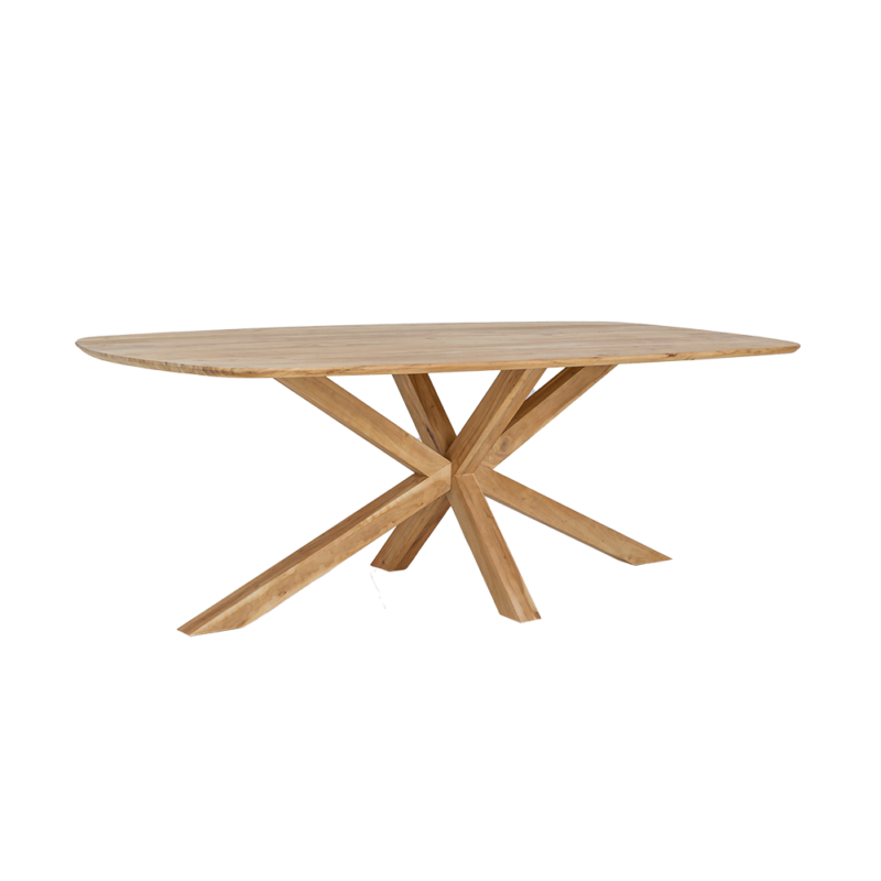 Detail van de Crotone eetkamertafel in natuurlijk acaciahout, Japandi stijl