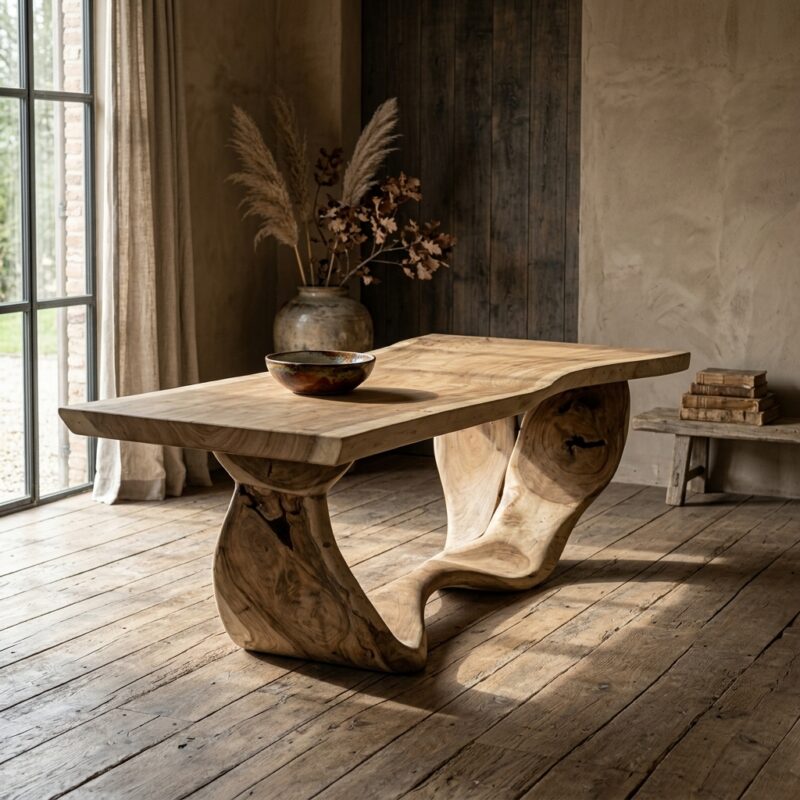 Design tafel suarhout met unieke poot uit een stuk hout