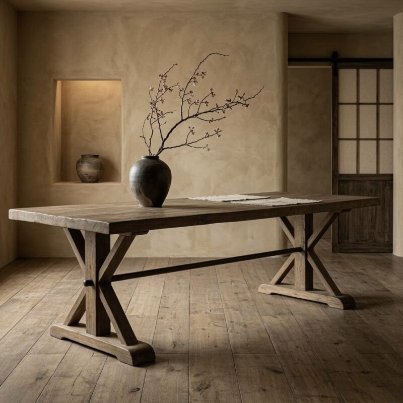 Kloostertafel Riegel gemaakt van oud teakhout met stalen balk