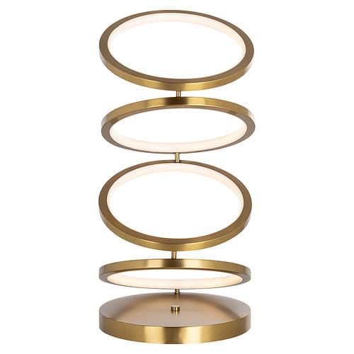 Zeer moderne gouden tafellamp met vier cirkelvormige lichtringen en een ronde basis, perfect voor een eigentijdse interieurdecoratie.